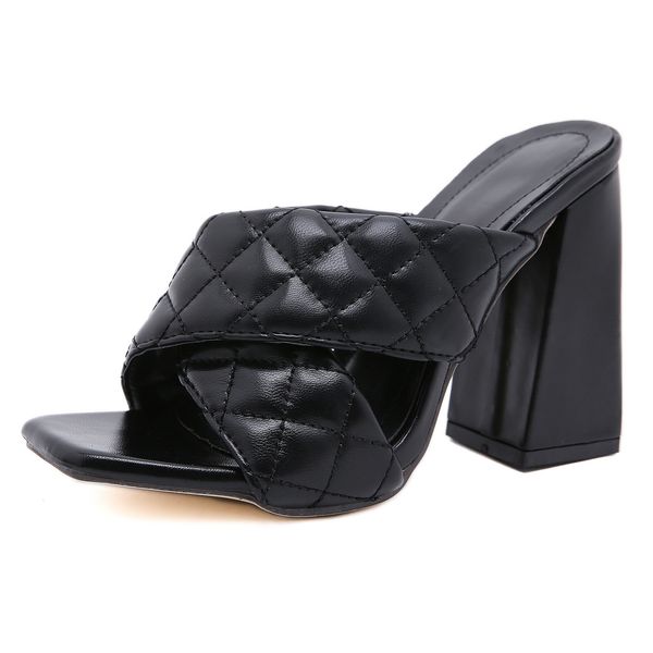 2021 new european and american square head chess chunky heel cross slipper high female heels ylc3, Black 
2021 new european and american square head chess chunky heel cross slipper high female heels ylc3, Black