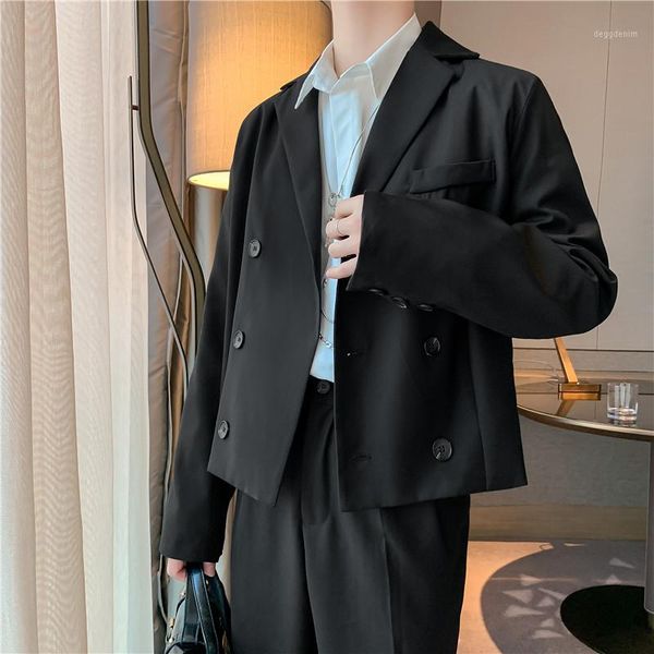 men's suits & blazers male vintage fashion streetwear casual short suit jacket pant men 2 pcs sets double breasted blazer coat trousers, White;black
men's suits & blazers male vintage fashion streetwear casual short suit jacket pant men 2 pcs sets double breasted blazer coat trousers, White;black
