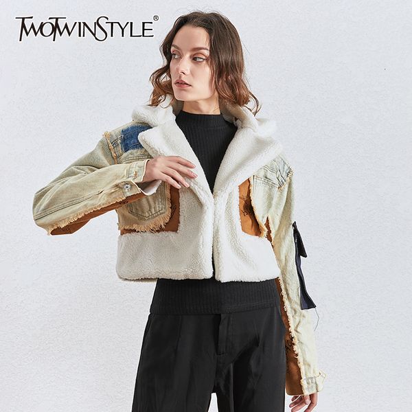 twotwinstyle patchwork hit color denim jacket women lapel collar long sleeve pocket irregular coats female fashion clothing 201126, Black;brown
twotwinstyle patchwork hit color denim jacket women lapel collar long sleeve pocket irregular coats female fashion clothing 201126, Black;brown
