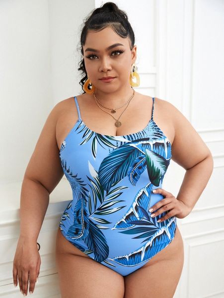 plus plant print one piece swimsuit h2xf#, Black