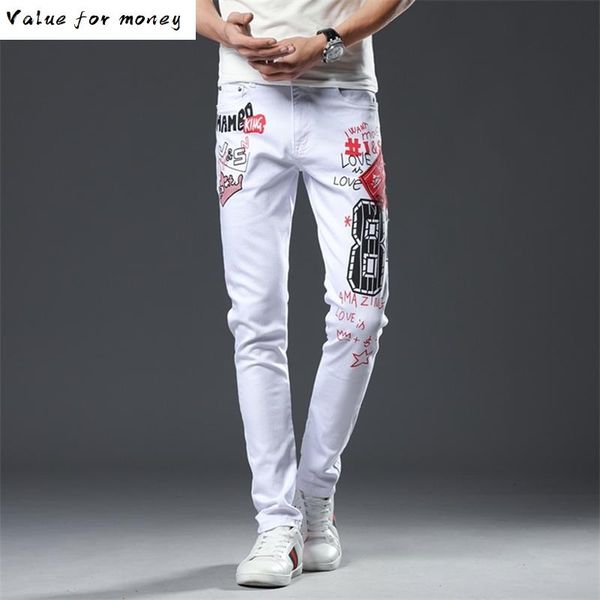 spring jeans new men 100% cotton letter printing fit slim pencil pants ripped classic design white jeans men #209, Blue 
spring jeans new men 100% cotton letter printing fit slim pencil pants ripped classic design white jeans men #209, Blue