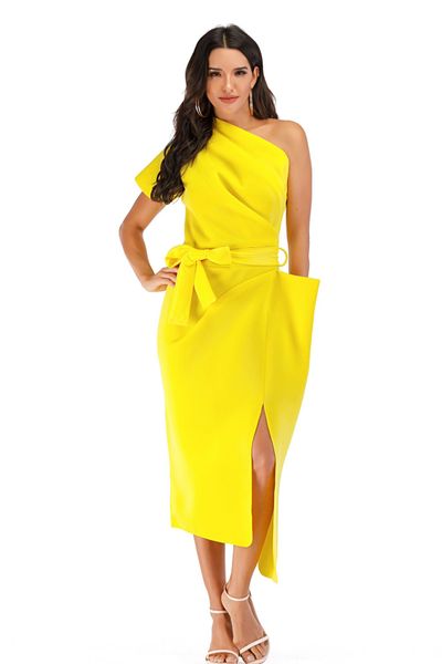 women ruffle bow dress one shoulder stacked high split eveing dresses ladies solid clothing, White;black
women ruffle bow dress one shoulder stacked high split eveing dresses ladies solid clothing, White;black