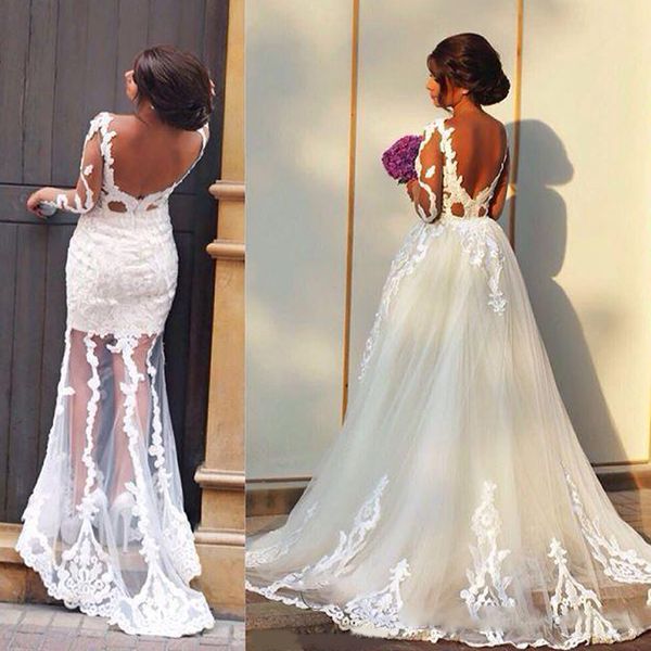 2021 arabic illusion long sleeve mermaid wedding dresses with detachable train lace appliqued backless bridal gowns vestidos de novia, White
2021 arabic illusion long sleeve mermaid wedding dresses with detachable train lace appliqued backless bridal gowns vestidos de novia, White