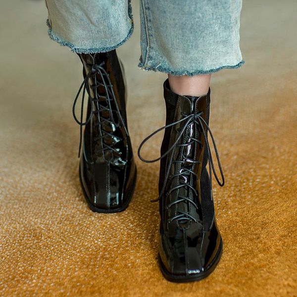 boots mordoan genuine cow patent leather women lace-up ankle british style thick-soled square toe, Black
boots mordoan genuine cow patent leather women lace-up ankle british style thick-soled square toe, Black