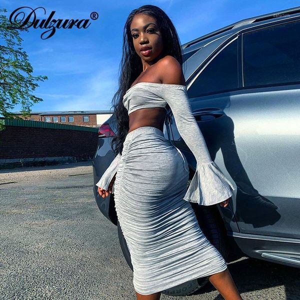 dulzura lace up women 2 piece set off shoulder flare sleeve crop ruched midi skirt bodycon streetwear 2020autumn winter1, Gray
dulzura lace up women 2 piece set off shoulder flare sleeve crop ruched midi skirt bodycon streetwear 2020autumn winter1, Gray