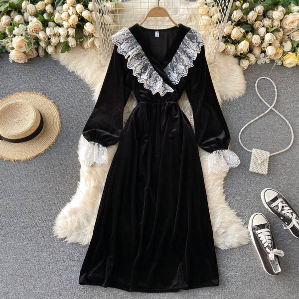 2021 new singiny design elegant girly velvet retro neck puff to line dressed in autumn chic frilly lace splice dress cda6, Black;gray
2021 new singiny design elegant girly velvet retro neck puff to line dressed in autumn chic frilly lace splice dress cda6, Black;gray