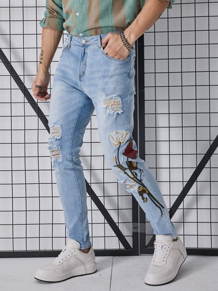 men floral embroidered ripped jeans k4qs#, Blue