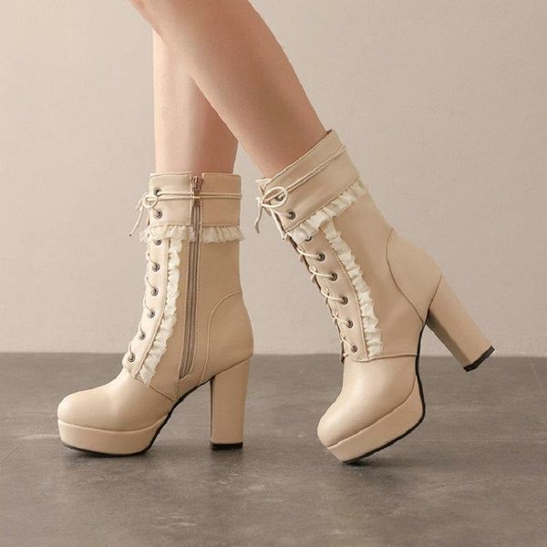 sianie tianie sweet female winter shoes platform thick high heels mid-calf booties lace-up woman boots with ruffles big size 48, Black
sianie tianie sweet female winter shoes platform thick high heels mid-calf booties lace-up woman boots with ruffles big size 48, Black