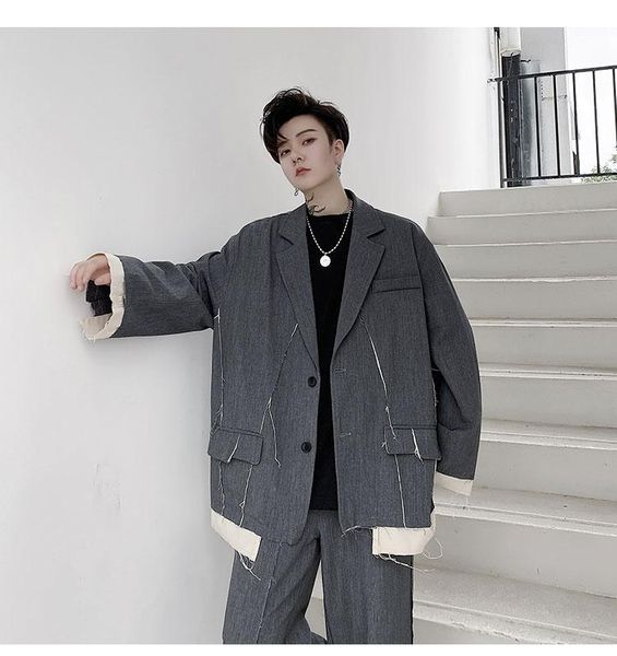 men's suits & blazers men 2 piece sets (jacket+pant) broken style male japan streetwear vintage loose casual suit jacket pant, White;black 
men's suits & blazers men 2 piece sets (jacket+pant) broken style male japan streetwear vintage loose casual suit jacket pant, White;black