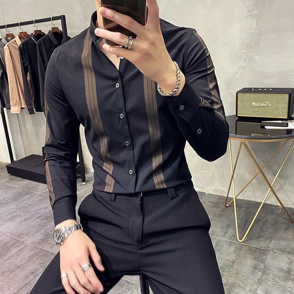 men's casual shirts 2021 long sleeve slim fit men formal dress business mens clothing social party office shirt brand striped shirs, White;black
men's casual shirts 2021 long sleeve slim fit men formal dress business mens clothing social party office shirt brand striped shirs, White;black