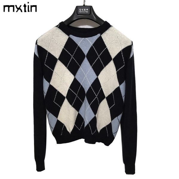 vintage stylish geometric rhombic pullover knitted sweater women fashion long sleeve outwear england style 201111, White;black
vintage stylish geometric rhombic pullover knitted sweater women fashion long sleeve outwear england style 201111, White;black