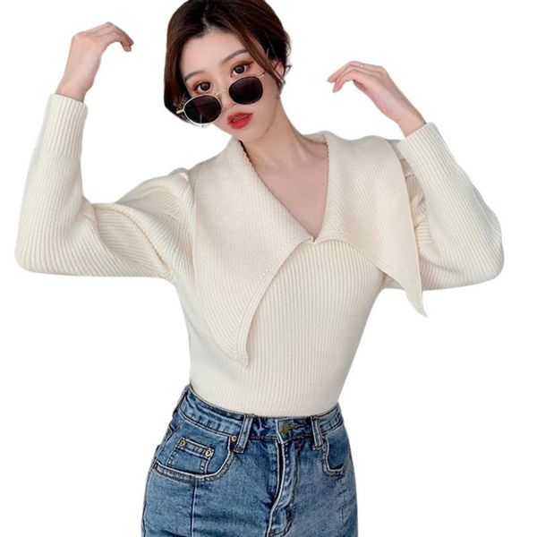 women loose long sleeve kintted shirt fall winter lapel puff sleeve short style sweater 2021 new solid color women clothes, White;black 
women loose long sleeve kintted shirt fall winter lapel puff sleeve short style sweater 2021 new solid color women clothes, White;black