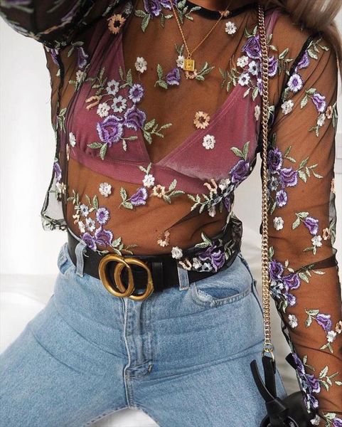 fashion womens summer sheer flower long sleeve shirt floral embroidery see through t shirt, White
fashion womens summer sheer flower long sleeve shirt floral embroidery see through t shirt, White