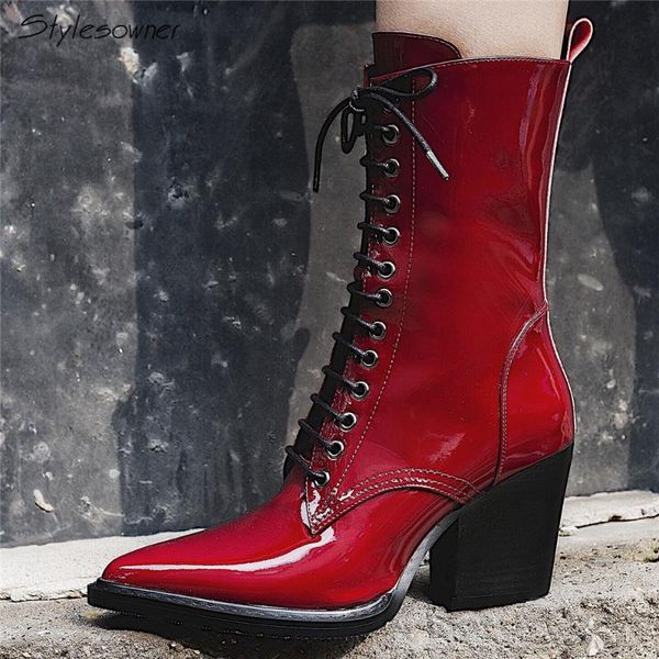 stylesowner black patent leather women lace up boots zipper high heel mid calf boots mujer pointed toe cross tied brand
stylesowner black patent leather women lace up boots zipper high heel mid calf boots mujer pointed toe cross tied brand