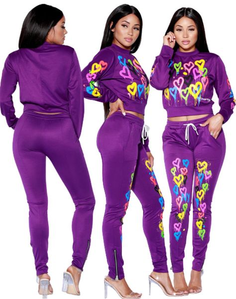 women 2 piece pants set fashion purple long sleeve o neck heart pattern 2pcs women designers clothes, White
women 2 piece pants set fashion purple long sleeve o neck heart pattern 2pcs women designers clothes, White