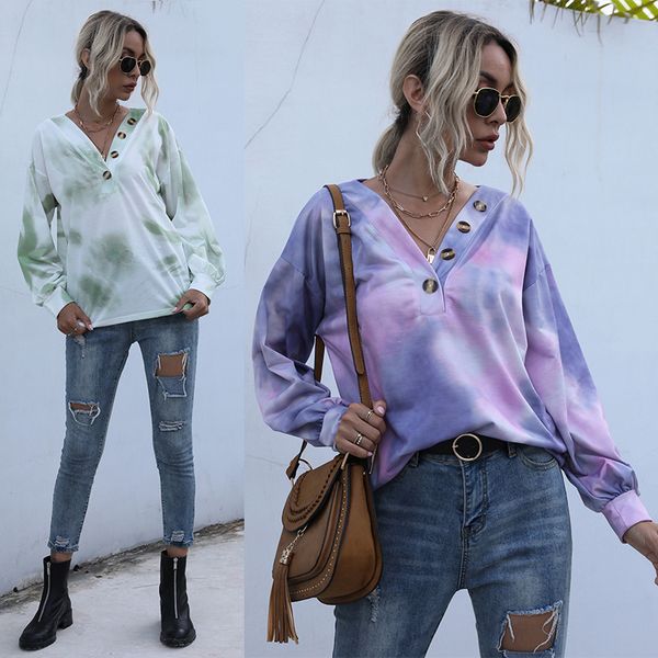 autumn and winter v-neck fashion tie dye tapered women's buttons with thin tie dye printed sweatshirt, White
autumn and winter v-neck fashion tie dye tapered women's buttons with thin tie dye printed sweatshirt, White