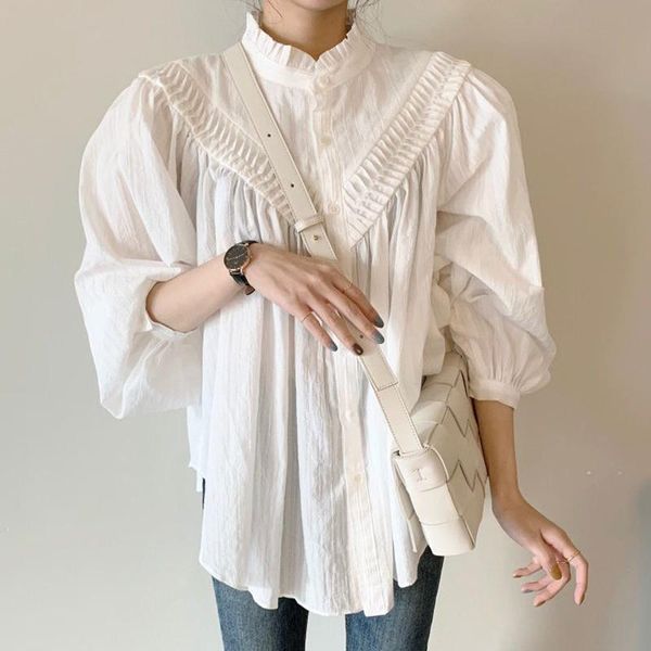 casual stand collar pleated women's blouse autumn single-breasted lantern sleeve shirts female green/white femme blusas new 2021
casual stand collar pleated women's blouse autumn single-breasted lantern sleeve shirts female green/white femme blusas new 2021