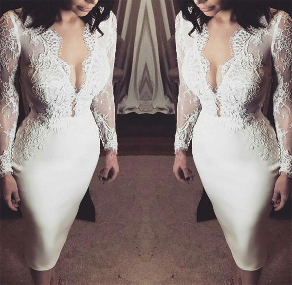 setwell deep v-neck sheath wedding dresses long sleeves illusion bodice lace appliques tea length bridal gowns, White
setwell deep v-neck sheath wedding dresses long sleeves illusion bodice lace appliques tea length bridal gowns, White