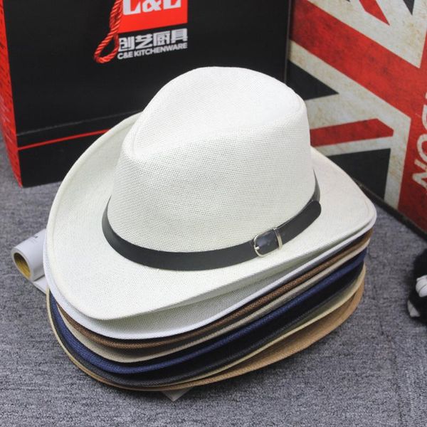 cloches summer paper straw jazz hat cap casual western cowboy hats with belt buckle band wide brim travel sunhat beach for men women, Blue;gray
cloches summer paper straw jazz hat cap casual western cowboy hats with belt buckle band wide brim travel sunhat beach for men women, Blue;gray