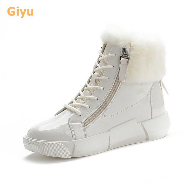 boots winter women's shoes flat snow lace-up riding fashion patent leather wool mouth ankle, Black