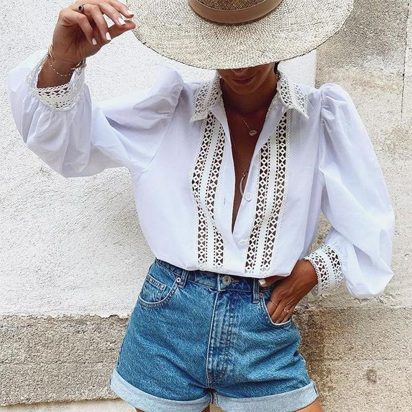 elegant puff sleeve shirts women lace hollow out white blouse fashion office lady casual button up t1860
elegant puff sleeve shirts women lace hollow out white blouse fashion office lady casual button up t1860
