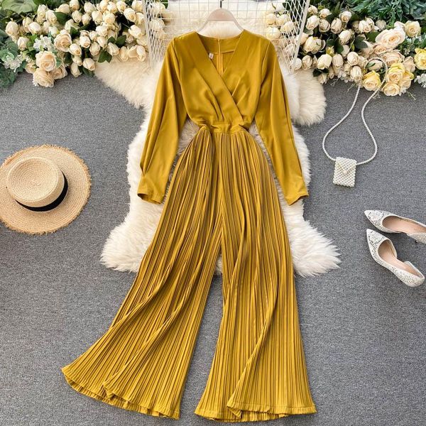 women's autumn new femininity v-neck thin pleated wide leg jumpsuits lady long sleeve solid color overalls p451, Black;white 
women's autumn new femininity v-neck thin pleated wide leg jumpsuits lady long sleeve solid color overalls p451, Black;white