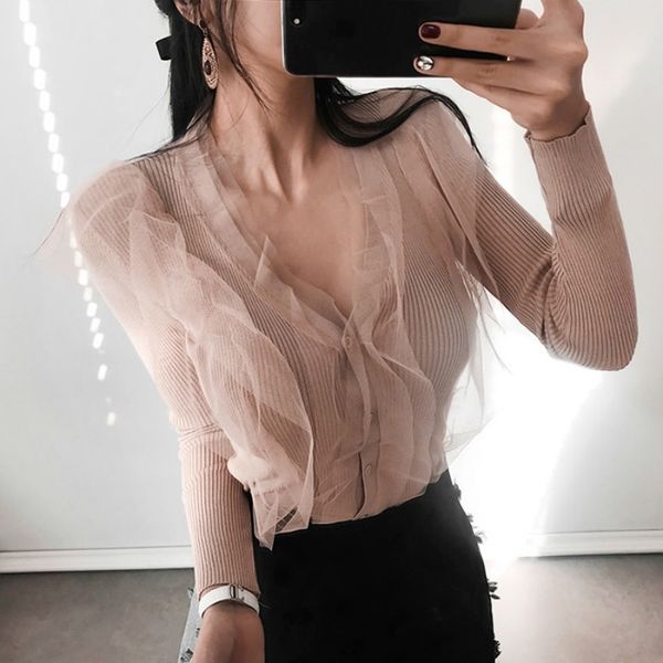 women fashion knitted cardigans deep v-neck ladies elastic slim single breasted elegant mesh cardigan sweaters y200910, White;black 
women fashion knitted cardigans deep v-neck ladies elastic slim single breasted elegant mesh cardigan sweaters y200910, White;black