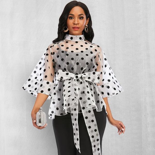 women's blouses & shirts see through blouse and polka dot sashes waist slim ruffles high collar zipper organza 2021 fashion fe, White 
women's blouses & shirts see through blouse and polka dot sashes waist slim ruffles high collar zipper organza 2021 fashion fe, White