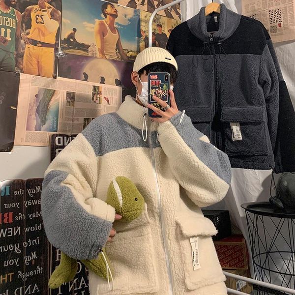 men's lambswool coat stand collar loose casual warm beige white gray outwear winter clothing b29, Black
men's lambswool coat stand collar loose casual warm beige white gray outwear winter clothing b29, Black