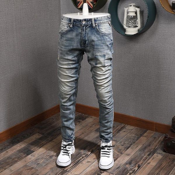 men's jeans italian style fashion men retro wash slim ripped denim pants streetwear vintage designer hip hop trousers, Blue
men's jeans italian style fashion men retro wash slim ripped denim pants streetwear vintage designer hip hop trousers, Blue
