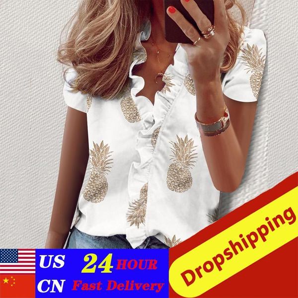 womens and blouse new pineapple print blouse women summer short sleeve shirt ruffle v neck women's 3xl1, White 
womens and blouse new pineapple print blouse women summer short sleeve shirt ruffle v neck women's 3xl1, White