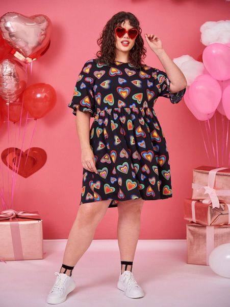 plus heart print smock dress 20kd#, Black 
plus heart print smock dress 20kd#, Black