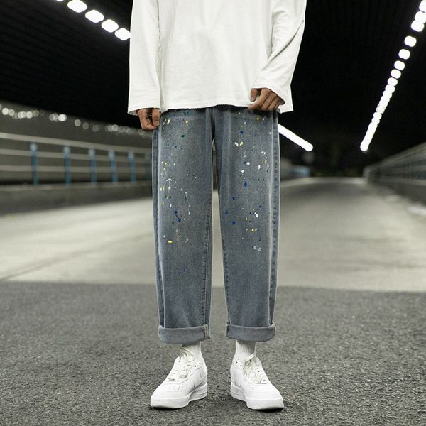 high washed worn men's street loose personality splash ink casual jeans pants, Blue
high washed worn men's street loose personality splash ink casual jeans pants, Blue