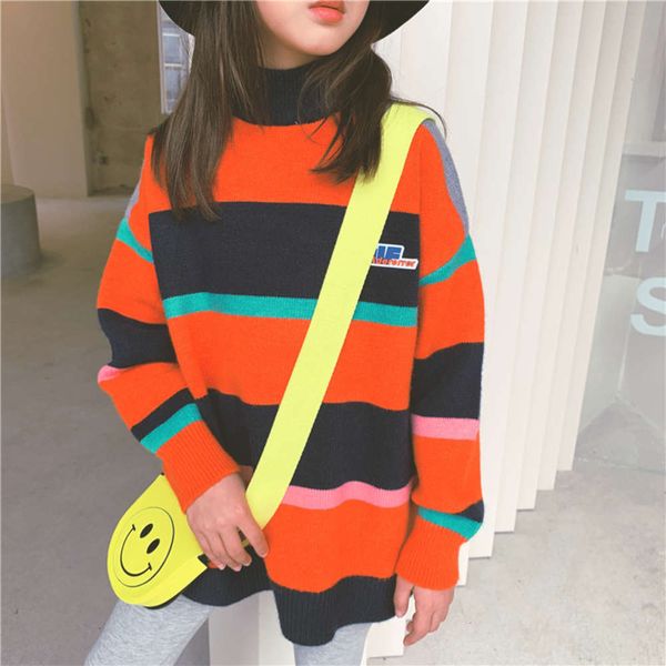 new winter clothing korean girls' long middle school fashion children's wide stripe sweater pufzslc9, Blue 
new winter clothing korean girls' long middle school fashion children's wide stripe sweater pufzslc9, Blue