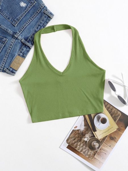 rib-knit crop halter 98sw#, White