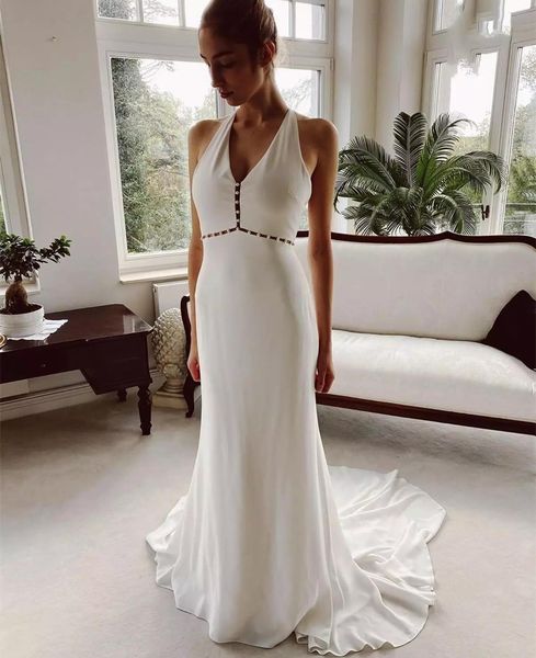 setwell halter mermaid wedding dresses sleeveless backless floor length long train bridal gowns with pearls, White
setwell halter mermaid wedding dresses sleeveless backless floor length long train bridal gowns with pearls, White