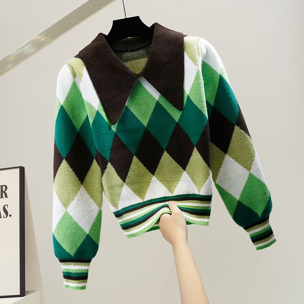autumn winter argyle pattern sweater women peter pan collar patchwork knitted pullover fashion casual short, White;black
autumn winter argyle pattern sweater women peter pan collar patchwork knitted pullover fashion casual short, White;black