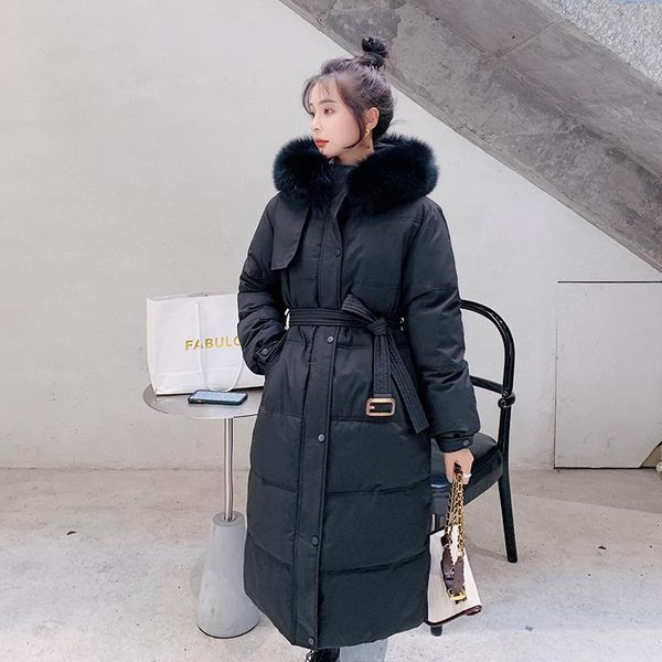 women's down & parkas winter thick warm women with belt 2021 fashion x-long cotton jacket coats big fur collar zipper padded cold outwe, Black 
women's down & parkas winter thick warm women with belt 2021 fashion x-long cotton jacket coats big fur collar zipper padded cold outwe, Black
