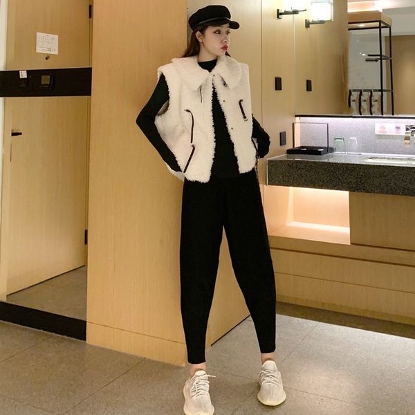 autumn 2020 new style lambskin vest base coat + high waist harem pants 3-piece fashion suit for women
autumn 2020 new style lambskin vest base coat + high waist harem pants 3-piece fashion suit for women