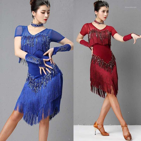 stage wear professional latin dance competition dresses women's mesh short-sleeve dress practice clothes sequin fringed dl59501, Black;red
stage wear professional latin dance competition dresses women's mesh short-sleeve dress practice clothes sequin fringed dl59501, Black;red