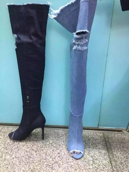 boots blue denim women est peep toe super high thin heels over the knee cutouts fashion jeans autumn, Black
boots blue denim women est peep toe super high thin heels over the knee cutouts fashion jeans autumn, Black