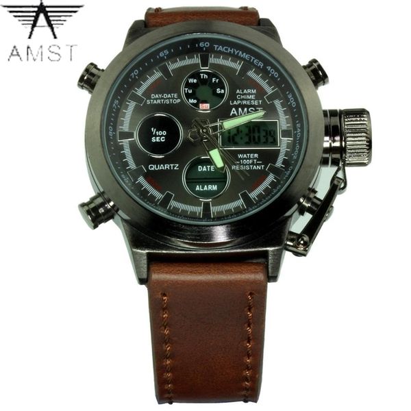 waterproof men watches quartz dual movement lcd digital analog military sport male clock handmade leather strap amst3003 220225, Slivery;brown 
waterproof men watches quartz dual movement lcd digital analog military sport male clock handmade leather strap amst3003 220225, Slivery;brown