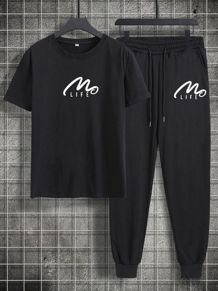 men letter graphic tee & drawstring waist sweatpants 24ly#, Gray