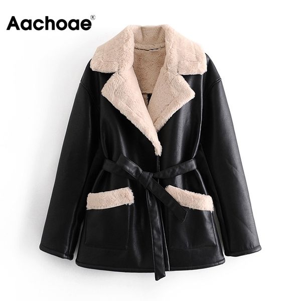 aachoae fashion winter black jacket women long sleeve lamb fur and faux leather coat female bandage elegant coat outerwear 201112, Black;brown
aachoae fashion winter black jacket women long sleeve lamb fur and faux leather coat female bandage elegant coat outerwear 201112, Black;brown