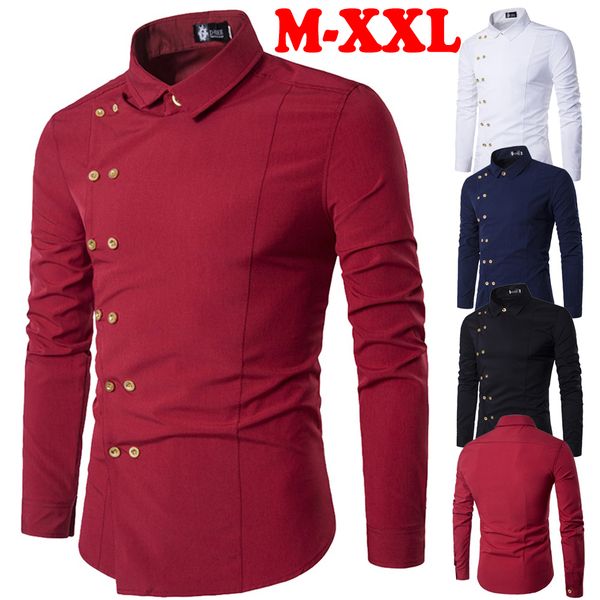 four seasons shirts men's personality oblique buckle irregular double-breasted dress shirts, Black 
four seasons shirts men's personality oblique buckle irregular double-breasted dress shirts, Black