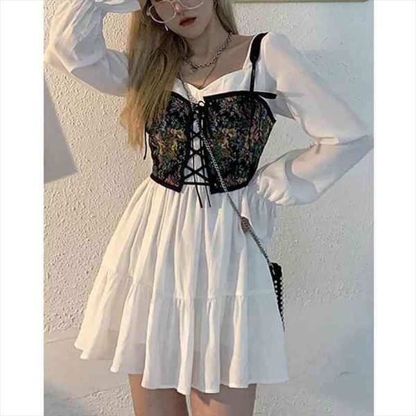 long sleeve 2 piece dress set women korean fashion vintage floral vest elegant y2k mini dress casual kawaii, Black;gray
long sleeve 2 piece dress set women korean fashion vintage floral vest elegant y2k mini dress casual kawaii, Black;gray