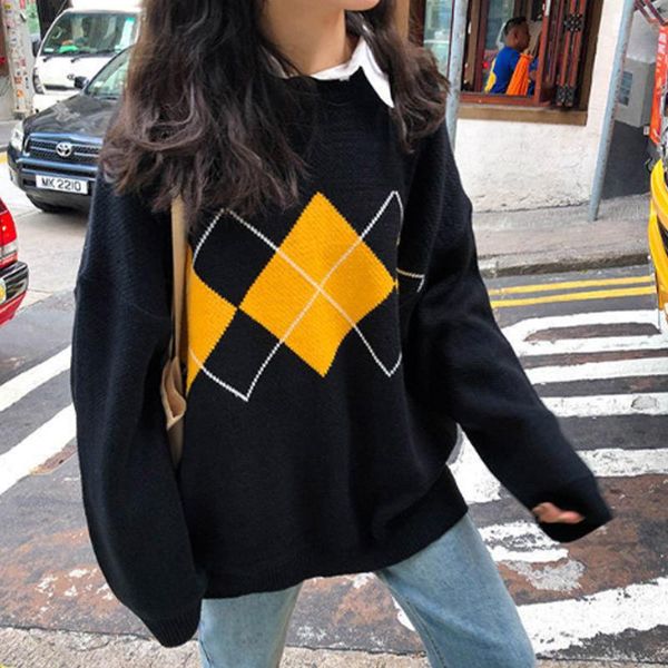 argyle printed contrast women's sweaters long sleeve o-neck warm female pullovers 2020 autumn winter student sweet lady sweater, White;black
argyle printed contrast women's sweaters long sleeve o-neck warm female pullovers 2020 autumn winter student sweet lady sweater, White;black