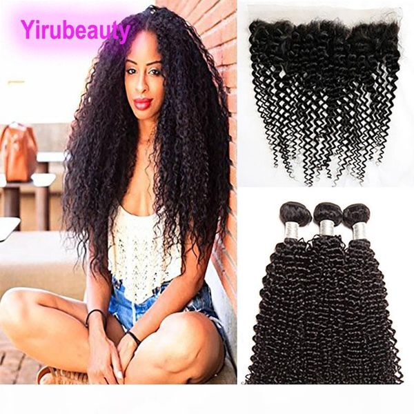 

kinky curly 3 bundles with lace frontal indian vrigin human hair bundles with 13x4 lace frontal pre plucked hair extensions wefts, Black;brown