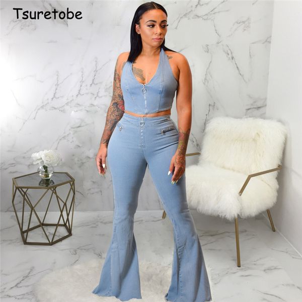 tsuretobe denim two piece set zipper women spaghetti strap crop and high waist flare pants set sleeveless outfits backless 201008, White
tsuretobe denim two piece set zipper women spaghetti strap crop and high waist flare pants set sleeveless outfits backless 201008, White