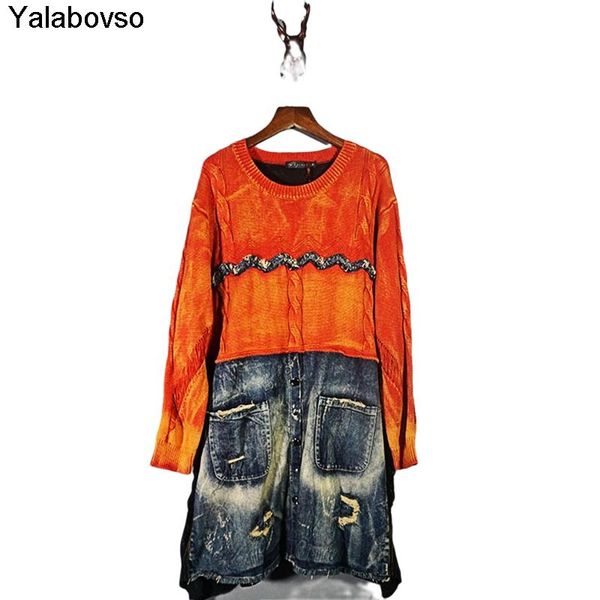 new trend sweater women's loose large washed white bohemian denim knitted splicing orrange amy green o neck outwear spring, White;black
new trend sweater women's loose large washed white bohemian denim knitted splicing orrange amy green o neck outwear spring, White;black